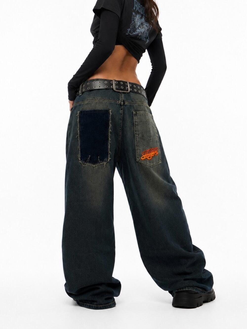 Y2K JNCO Style Baggy Wide Leg Jeans Dark Wash Size 36